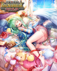 Rule 34 | 1girl, angel, angel wings, apple, ass, bare legs, bare shoulders, barefoot, bed, bird, blue eyes, book, bottle, candy, chick, chocolate, copyright name, curtains, feathered wings, feathers, flower, food, fruit, green hair, heart, heart-shaped pillow, hobak, holding, holding pillow, long hair, lying, official art, on side, one eye closed, open mouth, pajamas, pillow, shinma x keishou! ragnabreak, solo, striped, stuffed animal, stuffed sheep, stuffed toy, tears, teddy bear, very long hair, white wings, window, wings, yawning