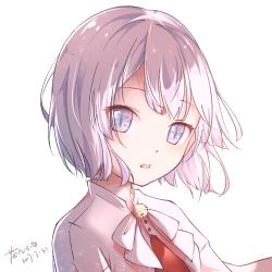 Rule 34 | 1girl, artist name, bad id, bad pixiv id, bell, chaji xiao bai, commentary request, dated, jingle bell, looking at viewer, open mouth, original, parted lips, portrait, shirt, short hair, signature, simple background, solo, white background, white eyes, white hair, white shirt