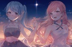 Rule 34 | 2girls, alternate costume, artist name, bare legs, bare shoulders, blue dress, blue eyes, blue hair, blue ribbon, blush, breasts, choker, cloud, cloudy sky, collarbone, dress, earrings, floating hair, glowing, glowing earrings, hanako151, happy, hatsune miku, holding hands, horizon, interlocked fingers, jewelry, long hair, looking at another, looking to the side, medium breasts, megurine luka, multiple girls, night, night sky, ocean, outdoors, parted lips, pink hair, ponytail, ribbon, ribbon choker, side ponytail, single earring, sky, sleeveless, sleeveless dress, smile, sparkle, star (sky), starry sky, striped clothes, striped dress, sunlight, sunset, upper body, vertical stripes, vocaloid, water, white dress, white ribbon