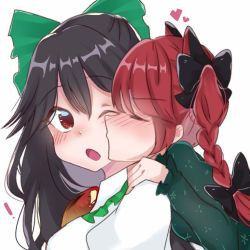Rule 34 | !, 2girls, black bow, black hair, blush, bow, braid, breasts, closed eyes, commentary request, dress, esatongi, frilled shirt collar, frills, green bow, green dress, hair between eyes, hair bow, heart, juliet sleeves, kaenbyou rin, kissing cheek, long hair, long sleeves, looking at another, medium breasts, multiple girls, one eye closed, open mouth, puffy short sleeves, puffy sleeves, red eyes, red hair, reiuji utsuho, shirt, short sleeves, simple background, touhou, upper body, v-shaped eyebrows, white background, white shirt, yuri
