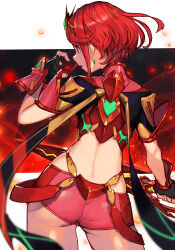 Rule 34 | 1girl, aegis sword (xenoblade), ass, back, black gloves, breasts, earrings, fingerless gloves, gloves, hungry clicker, jewelry, large breasts, midriff, open mouth, pyra (xenoblade), red eyes, red hair, red shorts, short hair, short shorts, shorts, solo, swept bangs, sword, thighs, tiara, weapon, xenoblade chronicles (series), xenoblade chronicles 2
