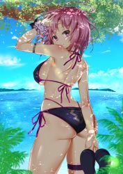 Rule 34 | 1girl, alternate costume, ass, back, bikini, blue sky, breasts, cloud, commentary request, cowboy shot, fate/grand order, fate (series), hair over one eye, hand in own hair, highres, hill, holding, holding shoes, kawaruhi, lake, leaf, looking at viewer, looking back, mash kyrielight, parted lips, purple eyes, purple hair, scrunchie, shoes, unworn shoes, short hair, sky, solo, swimsuit, tree, water, wrist scrunchie