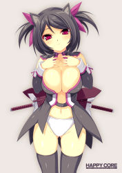 Rule 34 | 1girl, animal ears, black hair, blush, breast clinging, breast suppress, breasts, cat ears, cleavage, detached sleeves, framed breasts, groin, hair ribbon, head tilt, hip focus, kinoshita ichi, large breasts, looking at viewer, navel, original, panties, pink eyes, red eyes, ribbon, short hair, short twintails, solo, standing, sword, thighhighs, thighs, twintails, two side up, underwear, watermark, weapon, web address, white panties