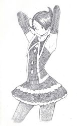 Rule 34 | 1girl, armpits, arms behind head, arms up, bow, buttons, closed mouth, cowboy shot, creatures (company), dress, elbow gloves, eyebrows, facing away, frown, game freak, gloves, gothic lolita, greyscale, hair bow, half-closed eyes, highres, legs apart, lolita fashion, looking away, marley (pokemon), monochrome, nintendo, nutkingcall, pantyhose, pokemon, pokemon dppt, short dress, short hair, simple background, solo, standing, strapless, strapless dress, traditional media, white background