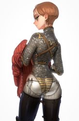Rule 34 | 1girl, absurdres, androgynous, armor, ass, bad id, bad pixiv id, black footwear, blue eyes, boots, breastplate, brown hair, buckle, chainmail, chausses, closed mouth, emmelot (wassnonnam), from behind, highres, looking at viewer, looking back, narrow waist, original, panties, profile, short hair, solo, thigh boots, underwear, wass nonnam, white background