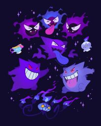 Rule 34 | :d, ^ ^, alternate color, chandelure, closed eyes, commentary, creatures (company), fangs, game freak, gastly, gen 1 pokemon, gen 5 pokemon, gen 8 pokemon, gengar, genue revuelta, grin, haunter, highres, litwick, nintendo, no humans, open mouth, pokemon, pokemon (creature), shiny and normal, shiny pokemon, sinistea, smile, sparkle, teeth, tongue, tongue out, upper teeth only