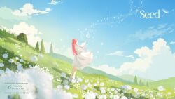 Rule 34 | 1girl, anniversary, bare legs, blurry, blurry foreground, chinese text, clear sky, cloud, commentary, dandelion, dated, day, dress, english commentary, english text, field, flower, flower field, grass, hill, holding, holding flower, infinity nikki, long hair, looking up, miracle nikki, nikki (miracle nikki), official art, outdoors, pink hair, ribbon, shining nikki, sky, solo, tree, white dress, white footwear, wind