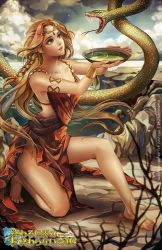 Rule 34 | 1girl, alice jing, armlet, bare legs, barefoot, blonde hair, braid, circlet, plate, dress, long hair, poison, revenge of dragoon, serpent, snake