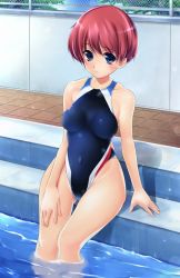 Rule 34 | 1girl, aoki konya, arm support, blue eyes, chain-link fence, competition swimsuit, curvy, fence, hand on thigh, highleg, highleg swimsuit, hip focus, one-piece swimsuit, original, outdoors, pool, poolside, red hair, short hair, sitting, soaking feet, solo, swimsuit, thigh gap, thighs, water, wide hips
