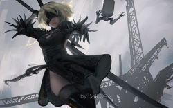 Rule 34 | 1girl, arm up, artist name, backlighting, black dress, black gloves, blindfold, blonde hair, breasts, cleavage, cleavage cutout, clothing cutout, cowboy shot, dress, from below, gloves, grey background, hairband, holding, holding sword, holding weapon, lips, medium breasts, mole, mole under mouth, nier (series), nier:automata, outstretched arm, panties, panty peek, parted lips, pod (nier:automata), puffy sleeves, robot, short dress, short hair, side slit, silver hair, sketch, sword, thighhighs, underwear, vambraces, weapon, white panties, wlop, 2b (nier:automata)