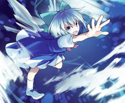 Rule 34 | 1girl, ahoge, blue dress, blue eyes, blue hair, bow, cirno, dress, hair bow, ice, ice wings, looking at viewer, matching hair/eyes, nakatani, open mouth, outstretched arm, puffy sleeves, shirt, short sleeves, smile, solo, touhou, wings