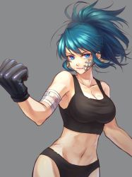 Rule 34 | 1girl, artist request, bandaged arm, bandages, bandaid, bandaid on face, bare shoulders, black gloves, black panties, black tank top, blue eyes, blue hair, breasts, earrings, gloves, highres, jewelry, large breasts, leona heidern, midriff, navel, panties, ponytail, serious, solo, tank top, the king of fighters, underwear, underwear only