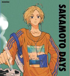 Rule 34 | 1boy, ashtray, black eyes, blonde hair, blue stripes, cigarette, copyright name, earphones, green background, highres, holding, holding cigarette, korean commentary, long sleeves, looking at viewer, male focus, mmmiaa, orange shirt, print shirt, sakamoto days, shin (sakamoto days), shirt, smoke, solo, twitter username
