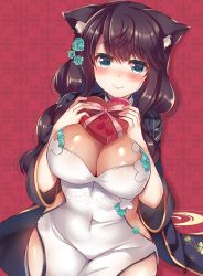 Rule 34 | 1girl, animal ears, azur lane, black hair, blush, box, breasts, closed mouth, commentary request, covered navel, fusou (azur lane), fusou (the celebration of spring) (azur lane), gift, gift box, hair ornament, heart, highres, large breasts, long hair, long sleeves, looking at viewer, red background, smile, solo, suzunone rena, valentine