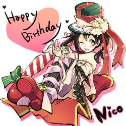 Rule 34 | 10s, 1girl, ;d, \m/, asymmetrical legwear, black hair, character name, chiigo, double \m/, footwear ribbon, happy birthday, hat, heart, love live!, love live! school idol project, mismatched legwear, one eye closed, open mouth, reclining, red eyes, red footwear, ribbon, shoes, skirt, smile, solo, top hat, twintails, yazawa nico