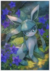 Rule 34 | blush, border, closed mouth, commentary request, creatures (company), flower, game freak, gen 4 pokemon, glaceon, grass, green eyes, highres, kikuyoshi (tracco), nintendo, no humans, pokemon, pokemon (creature), purple flower, sitting, smile, solo, toes, white border