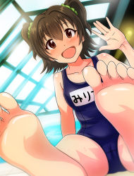 Rule 34 | 10s, 1girl, :d, akagi miria, barefoot, black hair, blush, brown eyes, brown hair, dutch angle, feet, foot focus, foreshortening, idolmaster, idolmaster cinderella girls, name tag, one-piece swimsuit, open mouth, rei no pool, school swimsuit, short hair, smile, soles, solo, swimsuit, toes, twintails, two side up, waving, wet, yasuhito