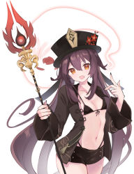 Rule 34 | 1girl, bikini, bikini top only, black bikini, black nails, breasts, brown hair, cleavage, cowboy shot, closed eyes, fang, flower, genshin impact, ghost, hat, hat flower, highres, hu tao (genshin impact), kurun (kurun777), long hair, long sleeves, looking at viewer, nail polish, navel, open clothes, open mouth, polearm, red eyes, short shorts, shorts, simple background, small breasts, smile, solo, swimsuit, symbol-shaped pupils, top hat, twintails, very long hair, weapon, white background
