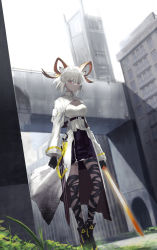 Rule 34 | 1girl, absurdres, animal ears, ankle boots, arknights, bandaged leg, bandages, black footwear, black gloves, black skirt, boots, breasts, building, carnelian (arknights), cleavage, closed mouth, coat, dark-skinned female, dark skin, day, full body, gloves, goat ears, goat girl, goat horns, high-waist skirt, highres, holding, holding sword, holding weapon, horns, long sleeves, looking at viewer, medium breasts, okayannosuke, open clothes, open coat, outdoors, red eyes, shirt, short hair, silver hair, skirt, sky, solo, standing, sunlight, sword, thighlet, underbust, v-shaped eyebrows, weapon, white coat, white shirt