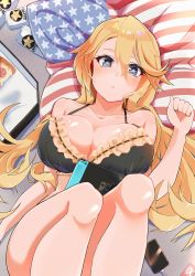 Rule 34 | 1girl, absurdres, american flag, american flag print, black bra, blonde hair, blue eyes, blush, bra, breasts, can, cellphone, cleavage, collarbone, drink can, flag print, frilled bra, frills, highres, iowa (kancolle), kantai collection, komb, large breasts, legs up, long hair, looking at viewer, lying, nintendo switch, on back, on bed, parted lips, phone, pillow, smartphone, soda can, solo, star-shaped pupils, star (symbol), symbol-shaped pupils, underwear