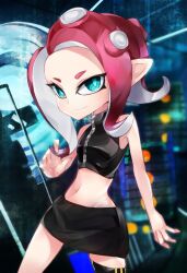 Rule 34 | 1girl, agent 8 (splatoon), black shirt, black skirt, blue eyes, forehead, highres, horaizonu, looking at viewer, midriff, miniskirt, navel, nintendo, octoling, octoling girl, octoling player character, pointy ears, red hair, shirt, short hair, skirt, sleeveless, sleeveless shirt, smile, solo, splatoon (series), splatoon 2, splatoon 2: octo expansion, stomach, suction cups, tentacle hair, thigh strap, thighs