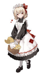 Rule 34 | 1girl, absurdres, alternate costume, apron, basket, black dress, black footwear, blonde hair, blush, bow, closed mouth, clynxen, commentary, dress, enmaided, eyebrows hidden by hair, full body, hair between eyes, hair bow, heart, highres, holding, holding basket, looking at viewer, maid, maid apron, maid headdress, red bow, red eyes, rumia, shoes, short hair, simple background, smile, socks, solo, squirrel, touhou, white apron, white background, white socks