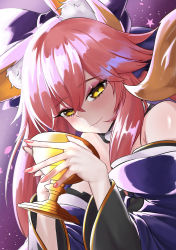 Rule 34 | 1girl, absurdres, animal ear fluff, animal ears, bad id, bad pixiv id, bare shoulders, blue kimono, blue ribbon, blush, chalice, cup, detached sleeves, diuda, fate/extella, fate/extra, fate/grand order, fate (series), fox ears, fox girl, fox tail, chalice, hair ribbon, highres, holy grail (fate), japanese clothes, kimono, looking at viewer, nail polish, pink hair, ribbon, solo, tail, tamamo (fate), tamamo no mae (fate/extra), yellow eyes