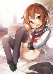 Rule 34 | 10s, 1girl, ass, bad id, bad pixiv id, black thighhighs, blush, brown eyes, brown hair, fang, feet, female focus, folded ponytail, full body, hair ornament, hairclip, highres, ikazuchi (kancolle), kantai collection, knees to chest, legs up, loafers, looking at viewer, lying, nekotewi, no panties, open mouth, panties, unworn panties, school uniform, serafuku, shoes, short hair, single shoe, skirt, unworn skirt, smile, solo, thighhighs, underwear, white panties