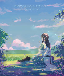 Rule 34 | 2boys, absurdres, bidiu (the legend of luoxiaohei), black cat, black hair, blue sky, cat, closed eyes, cloud, grass, heixiu, highres, leaf, long hair, low-tied long hair, luo xiaohei, morncolour, multiple boys, outdoors, plant, profile, short sleeves, sky, speech bubble, luo xiaohei zhanji, translation request, tree, very long hair, wide shot, wuxian (the legend of luoxiaohei)