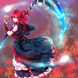 Rule 34 | 1girl, armband, bad id, bad pixiv id, dress, flower, glowing, hair bobbles, hair ornament, highres, holding, looking at viewer, looking back, mappe (778exceed), onozuka komachi, red eyes, red flower, red hair, scythe, shinigami, skull, smile, solo, spider lily, torn clothes, torn dress, touhou, two side up