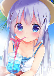 Rule 34 | 1girl, bare arms, bare shoulders, blue eyes, blue hair, blue sky, blush, brown hat, closed mouth, collarbone, commentary request, crazy straw, cup, day, dress, drink, drinking glass, drinking straw, gochuumon wa usagi desu ka?, hair between eyes, hair ornament, hat, heart straw, kafuu chino, long hair, outdoors, palm tree, rikatan, sky, sleeveless, sleeveless dress, smile, solo, sun hat, table, tree, very long hair, white dress, x hair ornament