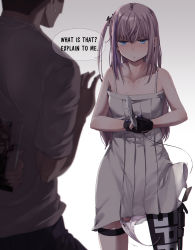 Rule 34 | 1boy, 1girl, asymmetrical legwear, bare shoulders, black thighhighs, blue eyes, blush, book, collarbone, commentary, english commentary, english text, girls&#039; frontline, highres, holding, holding book, knife, mishima hiroji, panties, pink hair, side-tie panties, speech bubble, st ar-15 (girls&#039; frontline), thighhighs, underwear, uneven legwear, untied panties