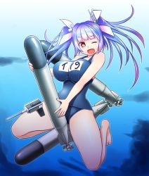 Rule 34 | 10s, 1girl, blue hair, breasts, fang, i-19 (kancolle), kantai collection, large breasts, long hair, one-piece swimsuit, one eye closed, personification, red eyes, school swimsuit, soubee1, star-shaped pupils, star (symbol), swimsuit, symbol-shaped pupils, torpedo, twintails, underwater, wink