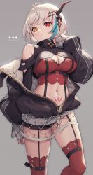 Rule 34 | 1girl, ahoge, artist name, bare shoulders, black coat, blue hair, breasts, cleavage, closed mouth, clothing cutout, coat, commentary, contrapposto, crop top, earrings, expressionless, feet out of frame, from below, garter straps, gomashio ponz, grey background, hair ornament, hand on own chest, heterochromia, highres, horn ornament, horns, jewelry, large breasts, looking at viewer, midriff, multicolored hair, navel, o-ring, off shoulder, original, over-kneehighs, pubic tattoo, puffy sleeves, red eyes, red shirt, red thighhighs, shirt, short hair, shoulder cutout, silver hair, simple background, sleeves past wrists, slit pupils, solo, standing, streaked hair, swept bangs, tattoo, thighhighs, twitter username, yellow eyes, zipper