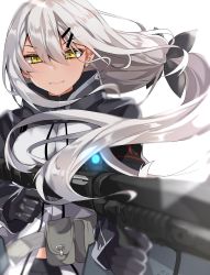 Rule 34 | 1girl, absurdres, aogisa, armor, bad id, bad pixiv id, black gloves, breasts, closed mouth, dark-skinned female, dark skin, girls&#039; frontline, gloves, gun, hair between eyes, hair ornament, hairclip, highres, holding, holding gun, holding weapon, long hair, long sleeves, m590 (girls&#039; frontline), mossberg 590, pouch, shotgun, simple background, solo, tan, weapon, white background, white hair, yellow eyes