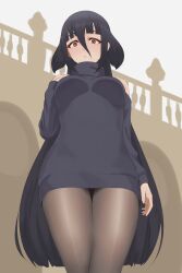 Rule 34 | 1girl, absurdres, alternate costume, bandaged head, bandages, black hair, black sweater, breasts, closed mouth, dress, expressionless, fukayama (0ppaityuki), hand on own chest, highres, long hair, looking at viewer, medium breasts, pantyhose, red eyes, sidelocks, solo, sweater, sweater dress, turtleneck, turtleneck sweater, very long hair, yamada tae, zombie land saga