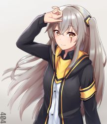 Rule 34 | 1girl, 404 (girls&#039; frontline), armband, black jacket, black sleeves, brown eyes, brown hair, buttons, closed mouth, collared shirt, exren, girls&#039; frontline, grey background, hair between eyes, hair ornament, hand on own head, hood, jacket, long hair, long sleeves, looking at viewer, open clothes, open jacket, shirt, side ponytail, sidelocks, simple background, smile, solo, ump45 (girls&#039; frontline), upper body, white shirt