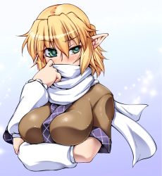 Rule 34 | 1girl, arm warmers, blonde hair, blush, breast hold, breasts, covered mouth, embarrassed, green eyes, large breasts, mizuhashi parsee, ootsuki wataru, pointy ears, raised eyebrow, scarf, short hair, solo, touhou, upper body