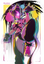 Rule 34 | 1girl, absurdres, breasts, collar, diagonal bangs, fingerless gloves, gloves, hair over one eye, han juri, highres, pea-bean, solo, spiked collar, spikes, standing, standing on one leg, street fighter, street fighter 6, toes
