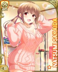 1girl :d bare_legs barefoot bedroom bottomless breasts brown_hair card_(medium) cleavage collarbone day girlfriend_(kari) indoors large_breasts long_hair official_art open_mouth pink_sweater qp:flapper red_eyes sakaida_natsumi smile solo standing sweater tagme