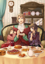 Rule 34 | 1boy, 2girls, ^ ^, arm grab, blue eyes, brown hair, cake, checkerboard cookie, child, clock, closed eyes, cookie, couch, cream puff, cup, cupboard, curtains, dinner, doily, dress, family, food, happy, hatake michi, holding, indoors, jacket, long hair, looking away, mother and daughter, mother and son, multiple girls, original, pie, plaid, plaid skirt, plate, pudding, room, saucer, shawl, short hair, sitting, skirt, spoon, steam, sugar cube, table, tablecloth, tart (food), tea, teacup, teapot