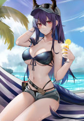 Rule 34 | 1girl, arknights, arm strap, arm up, bare arms, bare shoulders, baseball cap, belt, bikini, black bikini, blue hair, blue sky, breasts, ch&#039;en (arknights), ch&#039;en the holungday (arknights), ch&#039;en the holungday (elite ii) (arknights), chinese commentary, cleavage, closed mouth, clothes writing, cloud, collarbone, colored inner hair, commentary request, cup, day, dragon girl, dragon horns, dragon tail, drink, drinking glass, eyewear on headwear, food, front-tie bikini top, front-tie top, fruit, grey hat, grey shorts, halterneck, hammock, hand in own hair, hat, highres, holding, holding cup, horns, large breasts, lemon, lemon slice, looking at viewer, micro shorts, multi-strapped bikini, multicolored hair, navel, ocean, official alternate costume, open fly, outdoors, palm tree, purple hair, red eyes, rhodes island logo (arknights), ru zhai, short shorts, shorts, sitting, skindentation, sky, solo, sparkle, stomach, string bikini, sunglasses, swimsuit, tail, thighs, tree