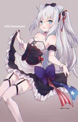 Rule 34 | 1girl, animal ears, artist request, azur lane, bad id, bad twitter id, breasts, brown background, cat ears, character name, clothes lift, garter belt, garter straps, hair between eyes, hair ribbon, hammann (azur lane), highres, long hair, looking at viewer, remodel (azur lane), ribbon, simple background, skirt, skirt lift, small breasts, solo, thighhighs, very long hair, white hair, white thighhighs