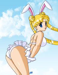 Rule 34 | 1990s (style), 1girl, animal ears, arched back, ass, bishoujo senshi sailor moon, blonde hair, blue eyes, rabbit ears, cloud, desingahv, earrings, jewelry, leaning forward, looking back, outdoors, pleated skirt, sailor moon, skindentation, skirt, sky, smile, solo, tsukino usagi, twintails