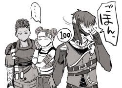 Rule 34 | ..., 1boy, 2girls, apex legends, bangalore (apex legends), blush, clenched hand, crypto (apex legends), curly hair, double bun, embarrassed, expressionless, gloves, greyscale, hair bun, headband, holding, holding sign, lifeline (apex legends), looking to the side, monochrome, mozuwaka, multiple girls, partially fingerless gloves, sign, spoken ellipsis, sweatdrop