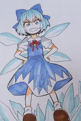 Rule 34 | 1girl, blue bow, blue dress, blue eyes, blue hair, bow, brown footwear, cirno, collared shirt, commentary request, dress, flat chest, grin, hair bow, highres, ice, ice wings, light blue hair, long dress, mizukami satoshi, neck ribbon, pinafore dress, puffy short sleeves, puffy sleeves, red ribbon, ribbon, shirt, shoes, short hair, short sleeves, sleeveless dress, smile, socks, solo, touhou, white background, white shirt, white socks, wings