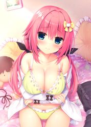 Rule 34 | 1girl, absurdres, bed, black ribbon, blush, bow, bow bra, bow panties, bra, breasts, cleavage, closed mouth, crossed arms, doll, dress shirt, hair bow, hair ribbon, hamidashi creative, highres, indoors, large breasts, long hair, long sleeves, looking at viewer, low twintails, no pants, off shoulder, on bed, open clothes, open shirt, panties, pillow, ribbon, shirt, sitting, smile, solo, tokiwa kano, twintails, underwear, utsunomiya tsumire, white shirt, yellow bow, yellow bra, yellow panties