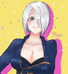 Rule 34 | 1girl, angel (kof), blue eyes, breasts, cleavage, collarbone, hair over one eye, highres, large breasts, snk, solo, the king of fighters