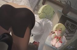 Rule 34 | 1girl, absurdres, alternate costume, artist name, ass, back, black bra, black footwear, black pantyhose, black skirt, blush, bon mushi, bra, breasts, cleavage, closed mouth, commentary, commission, cosmetics, english commentary, english text, formal, girls&#039; frontline, green hair, griffin &amp; kryuger, hair ornament, hairclip, highres, kneeling, leaning forward, lipstick mark, lipstick tube, long hair, long sleeves, looking at viewer, medium breasts, mirror, mk48 (girls&#039; frontline), office lady, official style, open clothes, open shirt, pantyhose, pencil skirt, pixiv commission, red eyes, shirt, skirt, smile, solo, thighs, underwear, white shirt