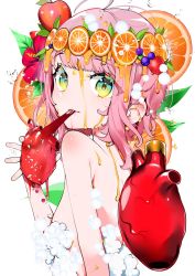 Rule 34 | 1girl, apple, aqua eyes, blueberry hair ornament, blunt bangs, breasts, convenient censoring, curly hair, dripping, eating, flower, food, food-themed hair ornament, fruit, gradient eyes, hair flower, hair ornament, heart (organ), highres, juice, leaf hair ornament, liquid, looking at viewer, looking back, multicolored eyes, nude, orange (fruit), orange slice, original, ouchi kaeru, pink hair, short hair, small breasts, soap bubbles, soap censor, solo, strawberry, white background, yellow eyes